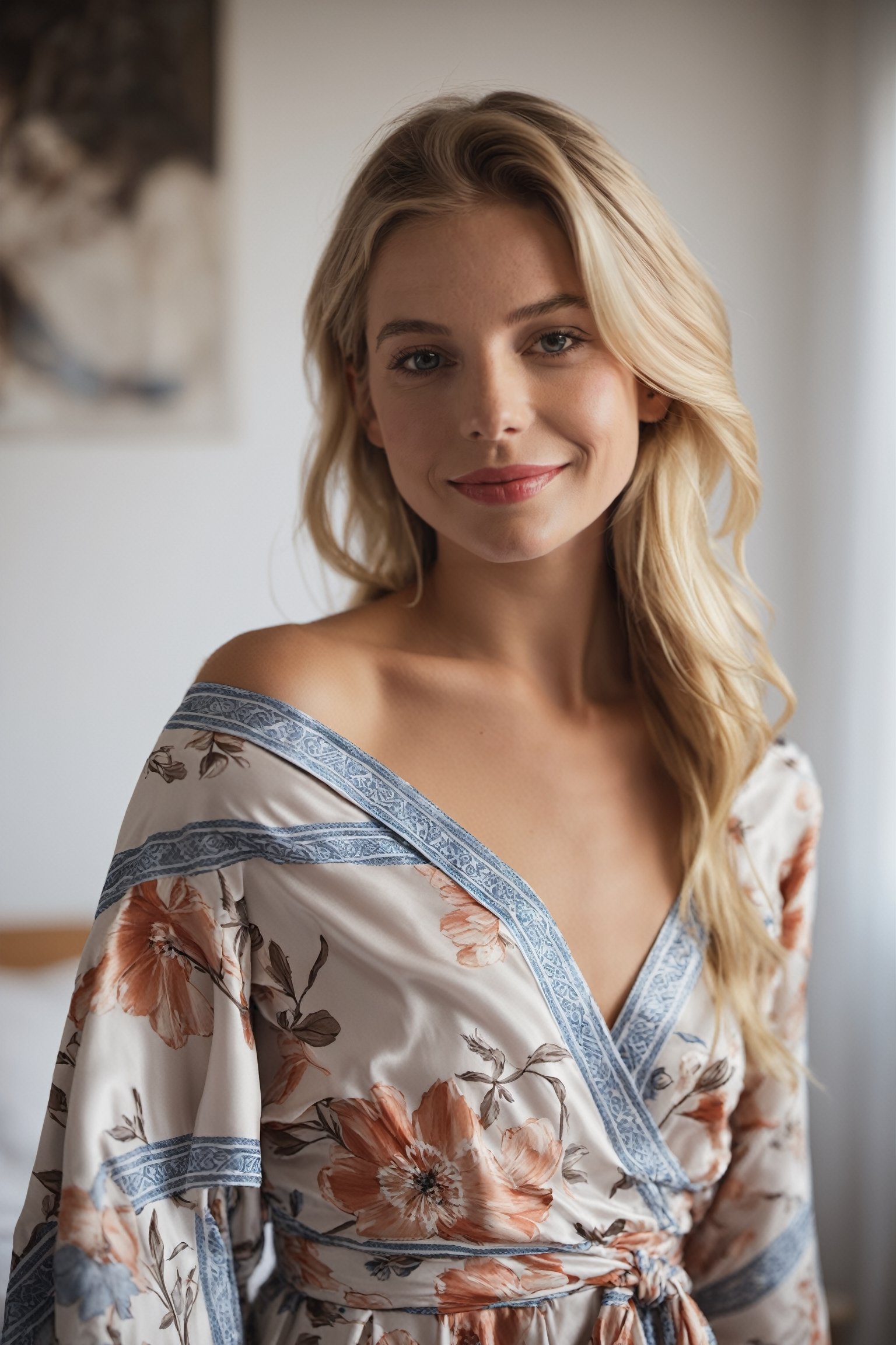 18 year young swedish woman wears pattern bed wrap dress in her bedroom, off shoulder, 30 style of Pinterest dress, artistic, cinematic mood, full shot , feminine, lipgloss,  perfect eyes, shy smile, ultrasharp, high_resolution, imperfect skin, natural skin