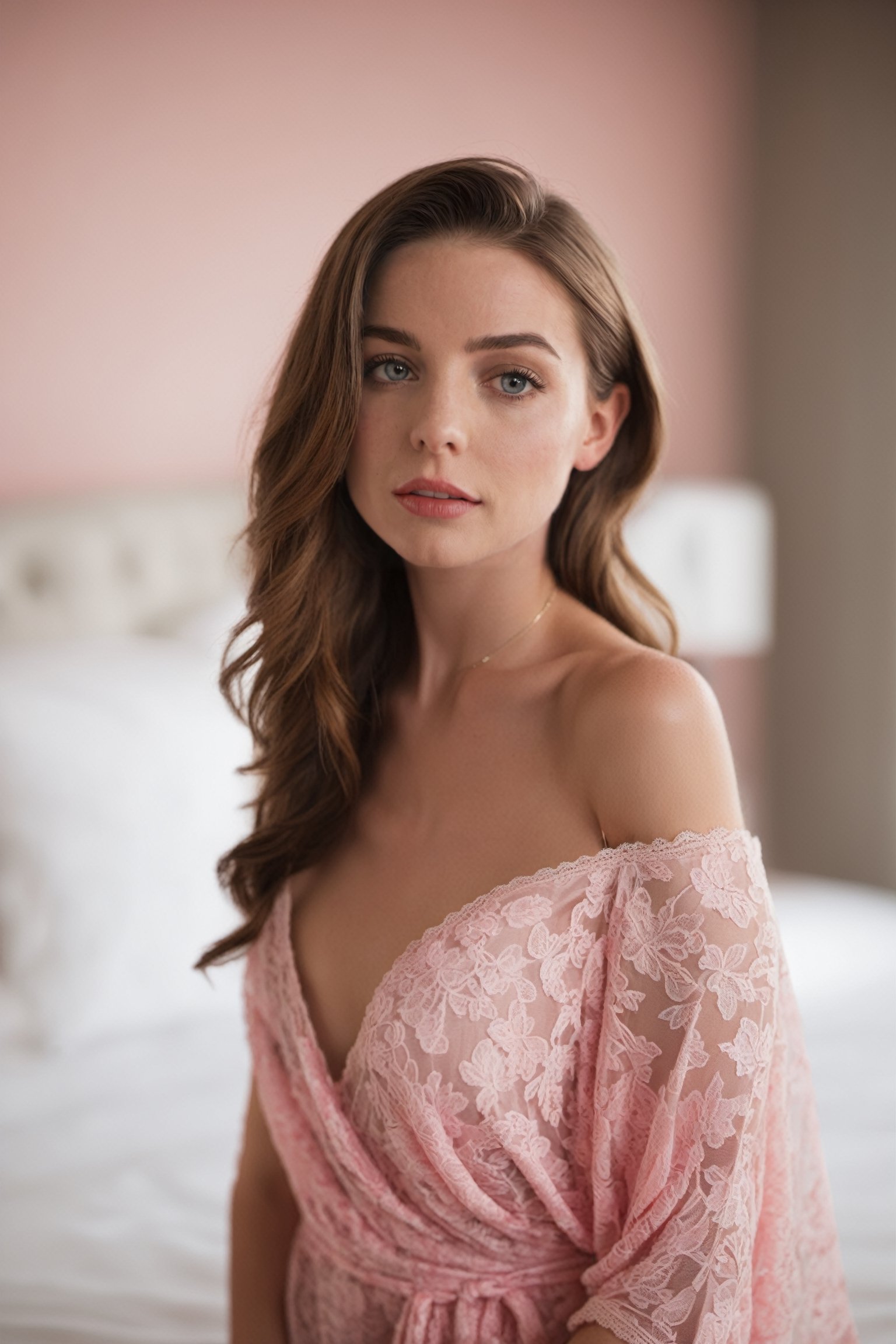 18 year young Irish woman wearing lace pink pattern bed wrap dress in her bedroom, off shoulder, meduim size breasts, 30 style of Pinterest dress, artistic, cinematic mood, full shot , feminine, lipgloss,  perfect eyes, shy look, ultrasharp, high_resolution, imperfect skin, natural skin