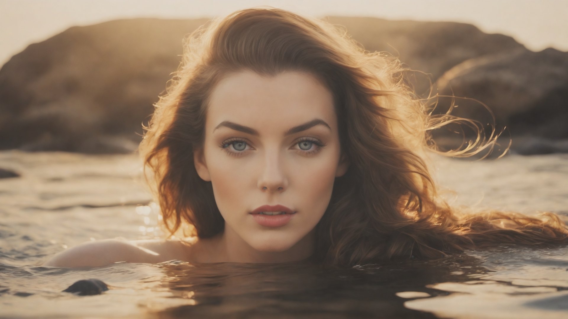 award winning glamour photograph, ((best quality)), ((masterpiece)), ((realistic)), Portrait, frontal view, ((Marilyn Monroe: Liv Tyler:0.6)), age 22, long hair, detailed skin, intense look into camera, The woman is standing submerged to her nipples in water, nude, water is turbulent, rocks in background, early morning sun, ((high contrast)), ((vibrant colors)), her reflection adding an ethereal touch. Style: Artistic portrait portraying serenity and a connection with nature ,photo of perfecteyes eyes