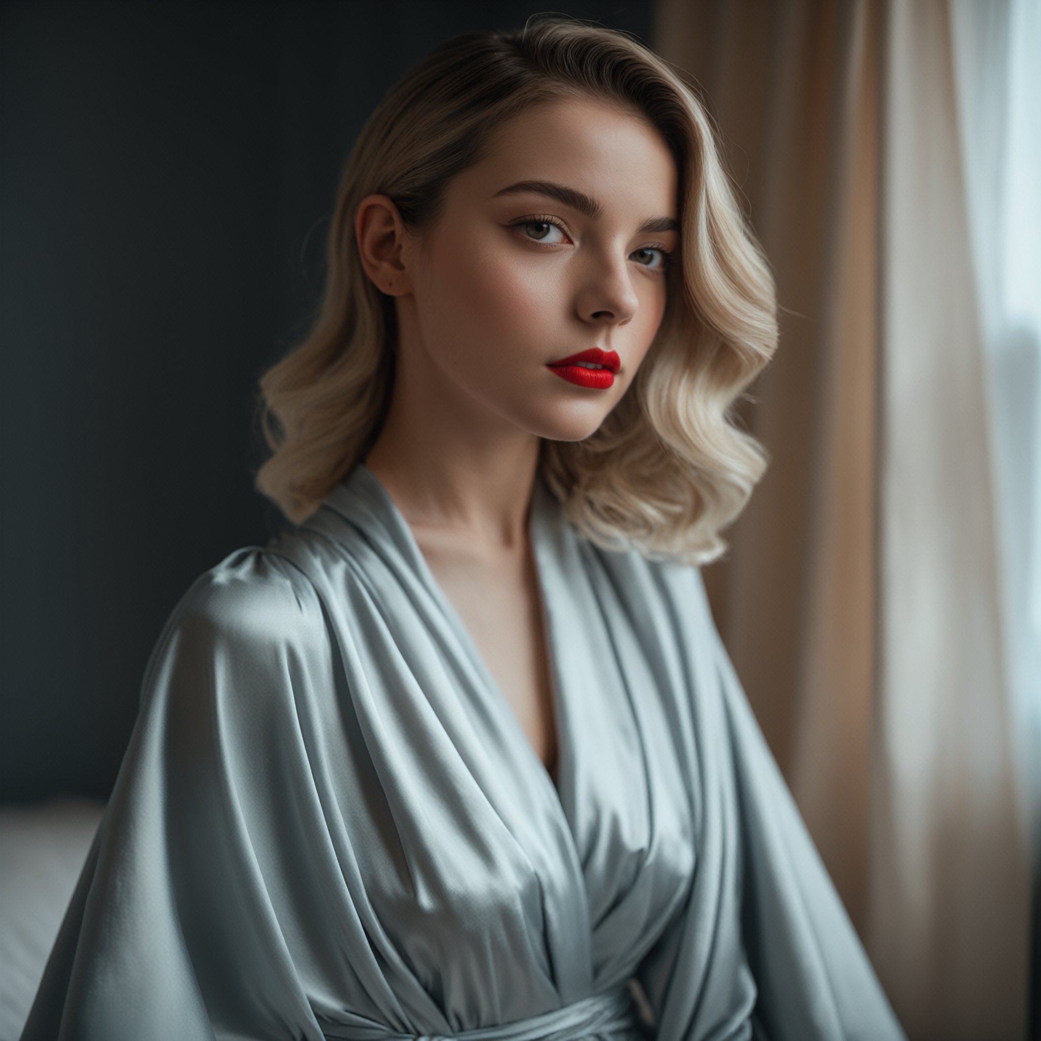 close portrait, 24 years old lady wears bed wrap dress in her bedroom, 30 style of Pinterest dress, artistic, cinematic mood, full shot , feminine, slight red lipstick, ultrasharp