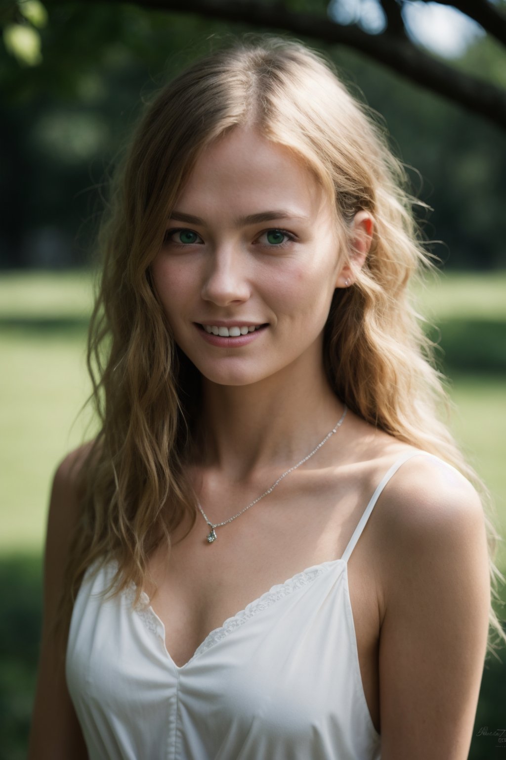 ((masterpiece)), ((realistic)), gorgeous Dutch girl, pretty face, shy look with slight smile, posing with over the shoulder look, perfect teeth, white summerdress, delicate fingers, long square nails, small necklace, age 21, ((long wavvy blond hair)), green eyes with natural reflections, park, summer,  natural breasts, innocent, (freckles:0.6), intricate details, highly detailed, sharp focus, professional, 4k, dramatic lighting, delicate, highres, detailed facial features, high detail, sharp focus, smooth,  extremely detailed, photorealistic, realistic, post-processing, max detail, real life, ultra realistic, photorealism, photography, 8k uhd, photography, Nikon Z 85mm, award winning glamour photograph, ((best quality)), show head and torso