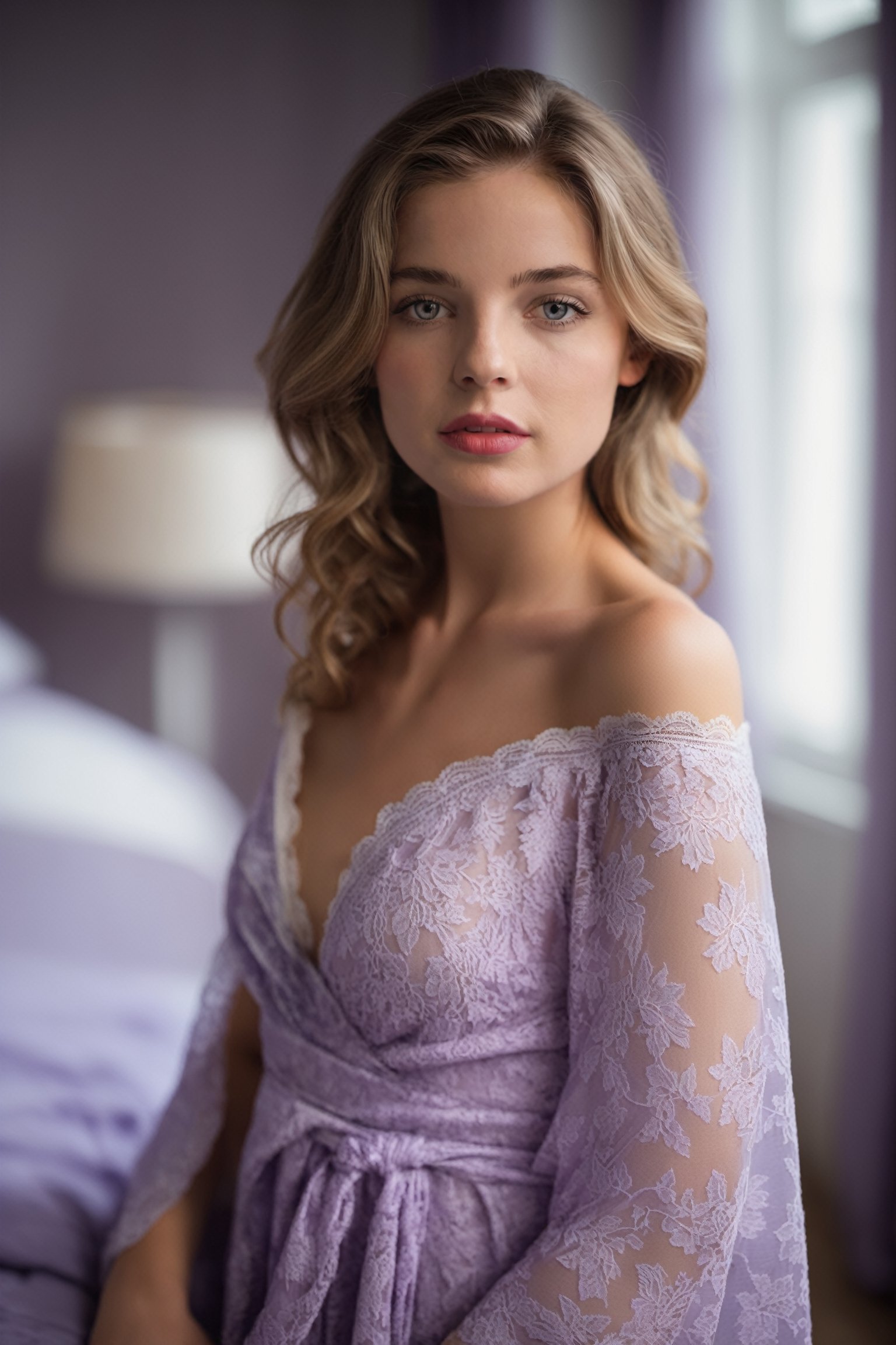 18 year young Dutch woman wearing lace lavender pattern bed wrap dress in her bedroom, off shoulder, meduim size breasts, 30 style of Pinterest dress, artistic, cinematic mood, full shot , feminine, lipgloss,  perfect eyes, shy look, ultrasharp, high_resolution, imperfect skin, natural skin