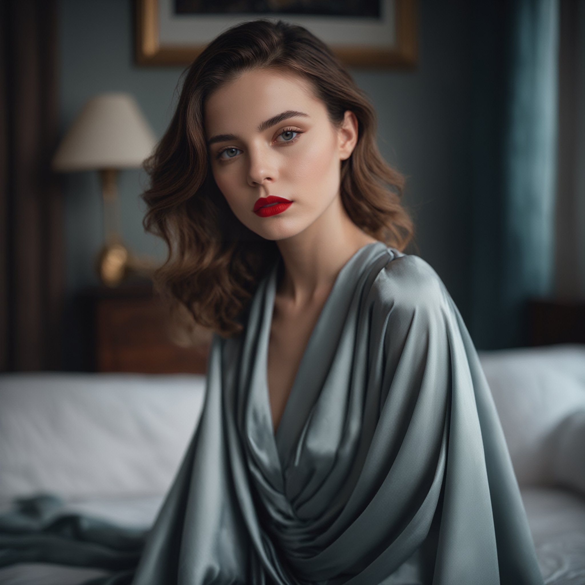 close portrait, 24 years old lady wears bed wrap dress in her bedroom, 30 style of Pinterest dress, artistic, cinematic mood, full shot , feminine, slight red lipstick, ultrasharp