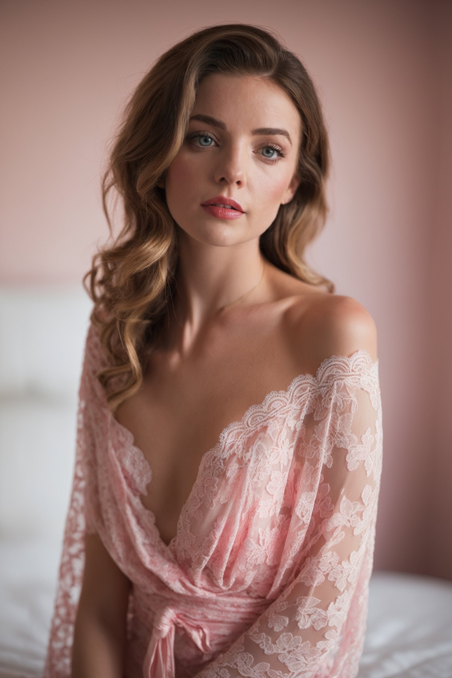 18 year young Irish woman wearing lace pink pattern bed wrap dress in her bedroom, off shoulder, meduim size breasts, 30 style of Pinterest dress, artistic, cinematic mood, full shot , feminine, lipgloss,  perfect eyes, shy look, ultrasharp, high_resolution, imperfect skin, natural skin