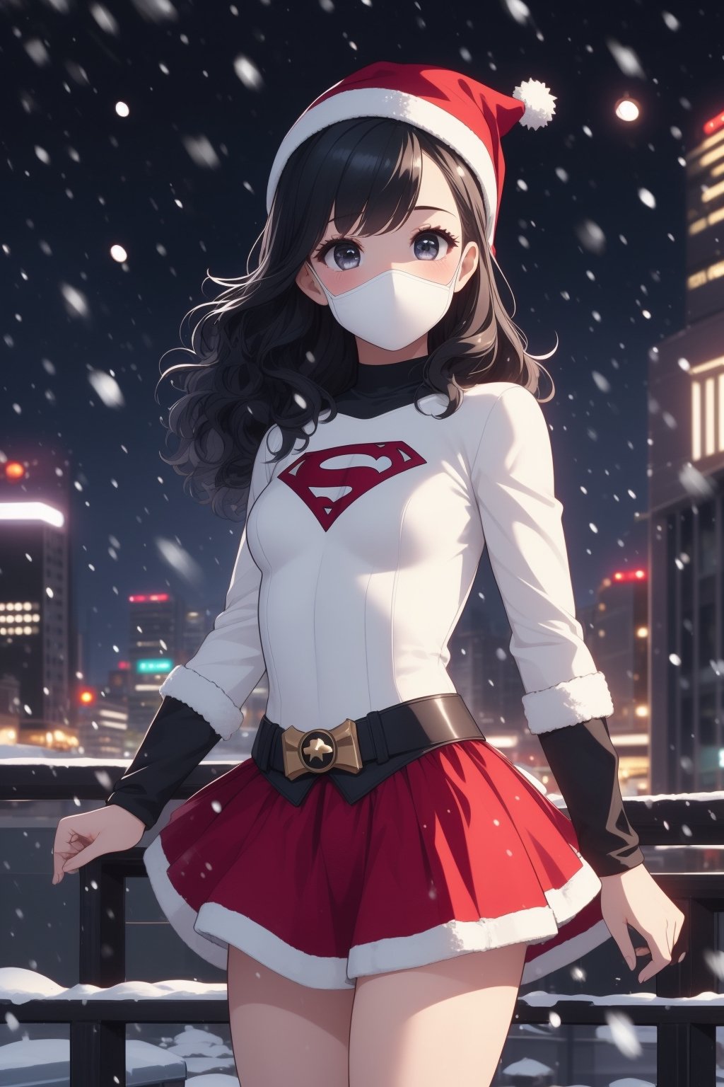 (masterpiece), (cinematic, city lights:1.2), city, snowing, christmas hat and skirt, 1girl, black hair, medium hair, wavy hair,Extremely Realistic,supergirl,wearing batwoman costume,no Mask,perfect,taaarannn