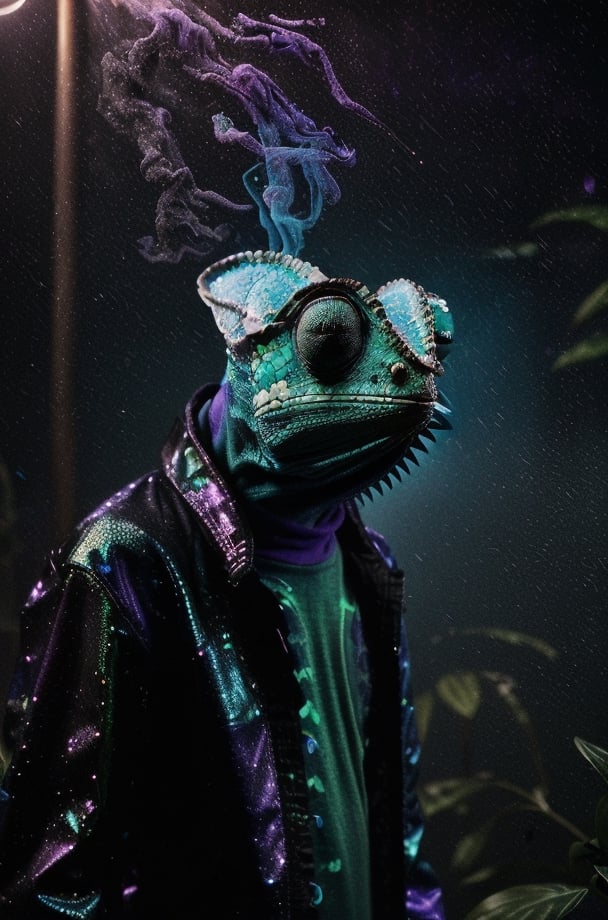 A Black, purple, green, and blue undertone Humanoid Chameleon in Tokyo, smoke, night-time, in Tokyo city, hyperrealism, thunderstorm, hyperrealism, long shot, motion blur creature crafter,skaven1