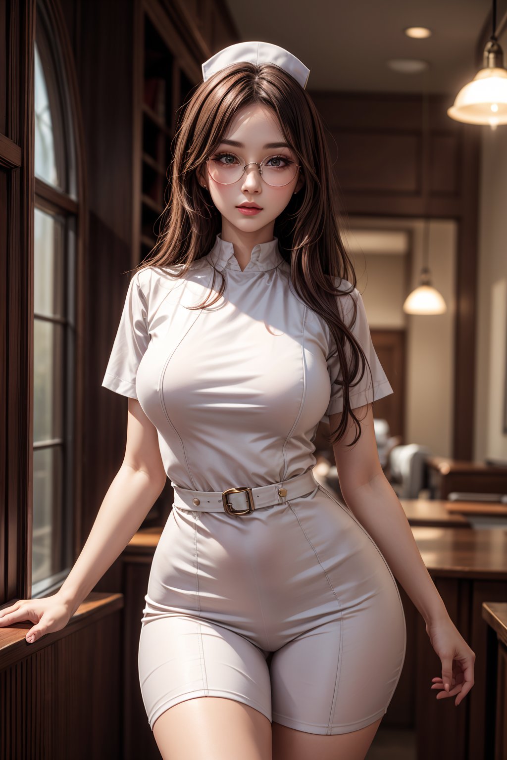 absurdres, highres, ultra detailed, (1girl:1.3), BREAK, nurse outfit (white), style glasses, long straight hair, hourglass figure , adult girl, feminine, elegant, highly-detailed face, cinematic lighting