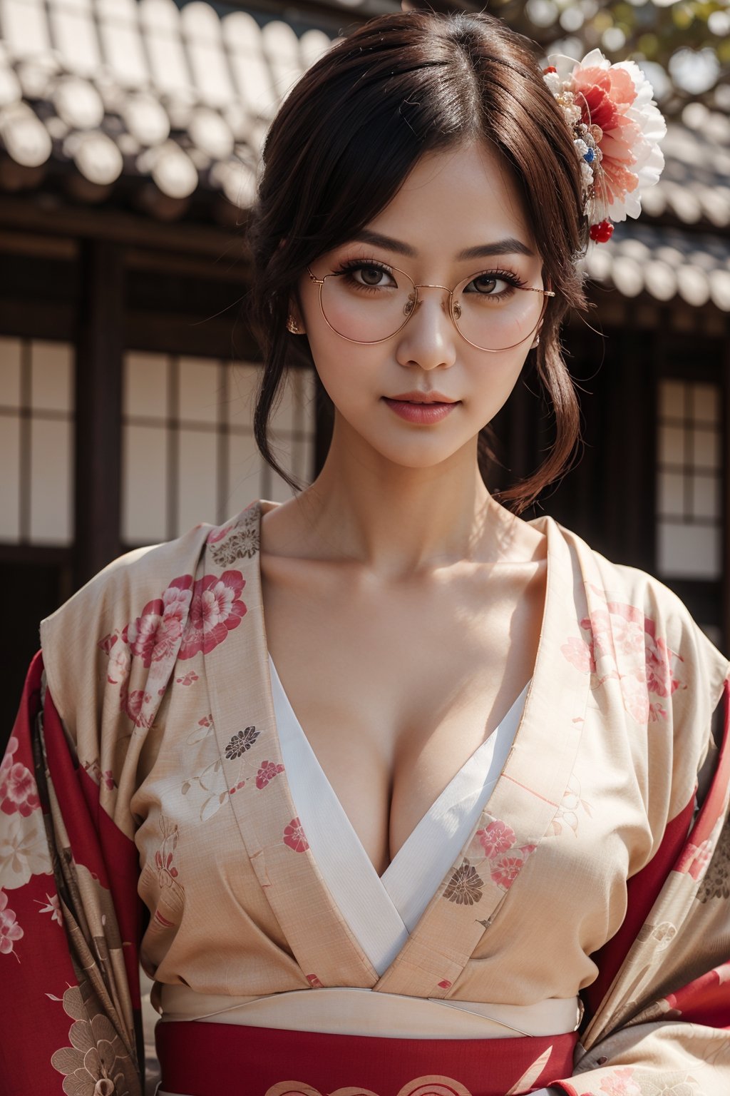 photorealistic, masterpiece, best quality, raw photo, 1girl, detailed eyes and face, full_body, gorgeous girl, Japanese girl, traditional kimono, makeup, beautiful, cultural outfit, sexy, hourglass figure, style glasses, mature vibe