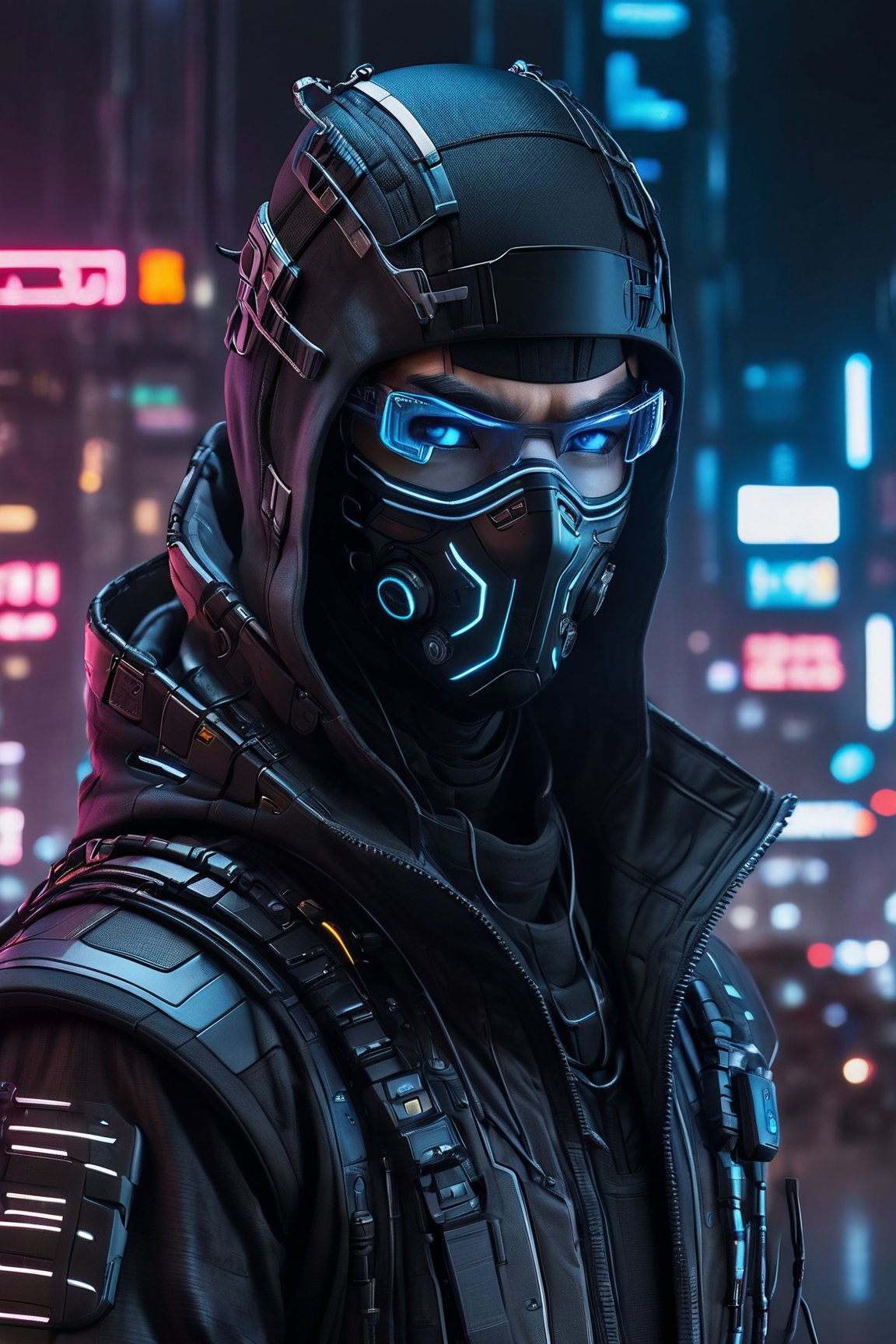 a futuristic ninja in cyberpunk outfit, eyes, tech-wear jacket, neon mask, sci-fi,cinematic,transparent mind, lot's of wiring, Movie Still