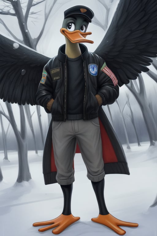 anthro duck, america_pekin, ((wings)), male, full body, portrait, bill, webbed feet, bomber jacket, winter, Dutch angle, 