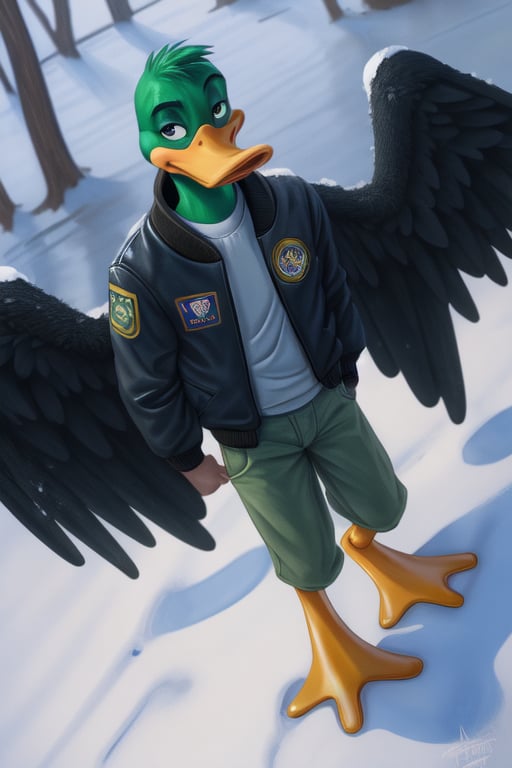 anthro duck, mallard, ((wings)), male, full body, portrait, bill, webbed feet, bomber jacket, winter, Dutch angle, 