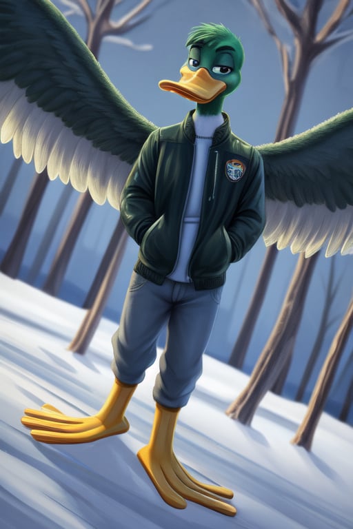 anthro duck, mallard, ((wings)), male, full body, portrait, bill, webbed feet, bomber jacket, winter, Dutch angle, 