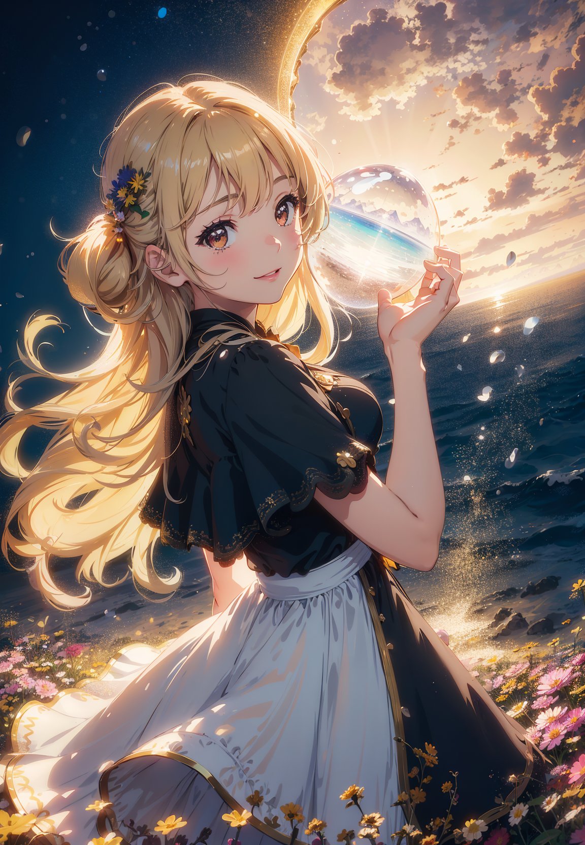 masterpiece, best quality, 1girl, (colorful),(delicate brown eyes and face), volumatic light, ray tracing, bust shot ,extremely detailed CG unity 8k wallpaper,solo,smile,intricate dress,(Flowery meadow) sky, cloudy_sky, big moon, (dark theme:1.3), light, fantasy, watery, magic crystal sparks,blonde hair, masterpiece, best quality, lens flare, depth of sea, motion blur, (backlighting, Backlight:1.1), grating,raster,(Light through hair:1.2),from 3/4