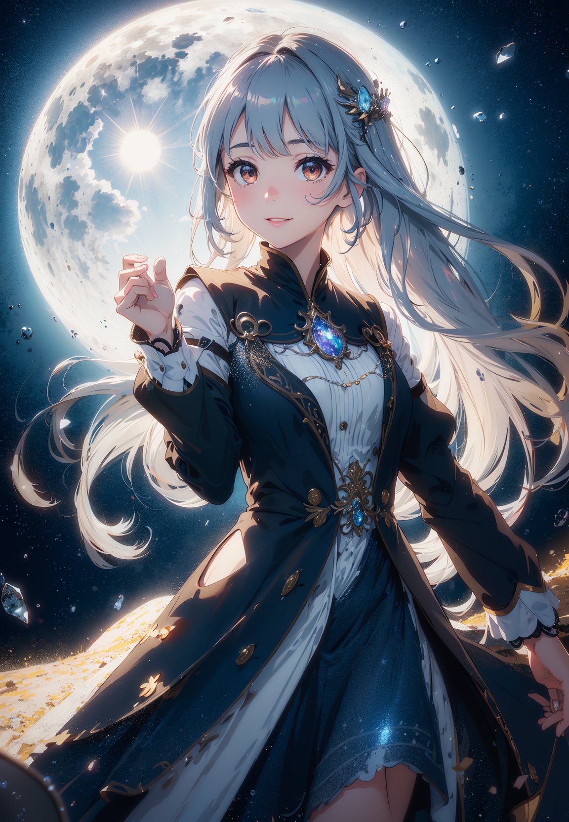 masterpiece, best quality, 1girl, (colorful),(delicate brown eyes and face), volumatic light, ray tracing, bust shot ,extremely detailed CG unity 8k wallpaper,solo,smile,intricate silver dress,(crystal meadow) sky, cloudy_sky, big moon, (dark theme:1.3), light, fantasy, watery, magic crystal sparks, blue, waved, long hair, masterpiece, best quality, lens flare, depth of sea, motion blur, (backlighting, Backlight:1.1), grating,raster,(Light through hair:1.2),from 3/4