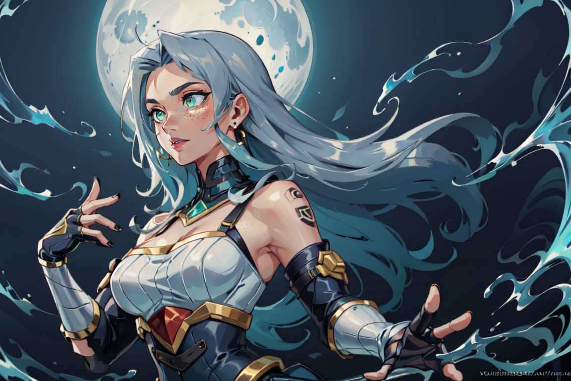 1 girl, solo, witch, (masterpiece), inked, young woman, long blue hair, styled bangs, beautiful detailed eyes, green eyes, jewel eyes, sparkling diamond pupils, freckles, detailed body, ultra-detailed face, sleeveless  long dress white color, silver corset, moon earrings, WonderWaifu, dynamic pose, valorant art, new agent, valorant style background