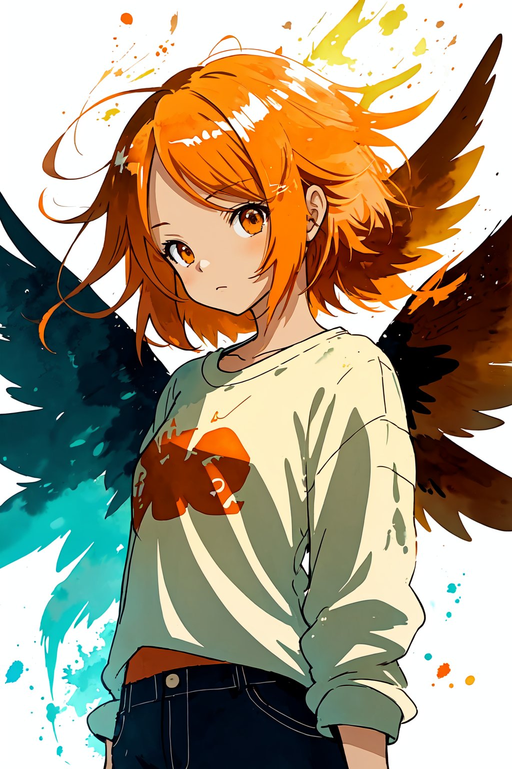 style of studio ghibli, orange haired girl, brown eyes, light skin, upper body, posing, wearing a green oversized shirt, graffiti, wings on background, sing, symbols, cross, split, dynamic, halo, minimalistic, Illustration, Watercolor, Ink, thematic background, ambient enviroment, epic, fairy tone