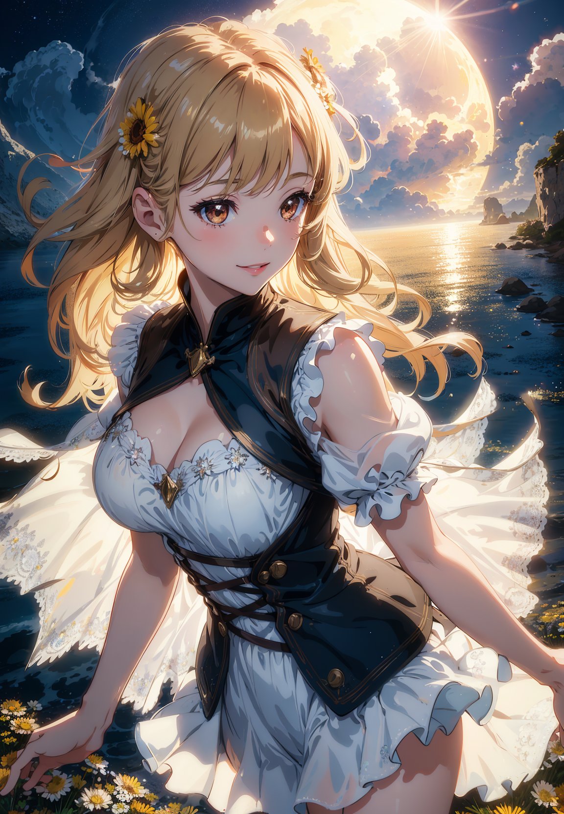 masterpiece, best quality, 1girl, (colorful),(delicate brown eyes and face), volumatic light, ray tracing, bust shot ,extremely detailed CG unity 8k wallpaper,solo,smile,intricate dress,(Flowery meadow) sky, cloudy_sky, big moon, (dark theme:1.3), light, fantasy, watery, magic crystal sparks,blonde hair, masterpiece, best quality, lens flare, depth of sea, motion blur, (backlighting, Backlight:1.1), grating,raster,(Light through hair:1.2),from above