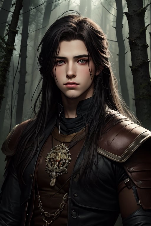 masterpiece, best quality, official art, beautiful and aesthetic),  15 year old boy, black carly long hair, black eyes, black beautiful eyeborws, stoic face, black forest background, glowing eyes and mouth, deep dark forest, ,VikingAlpha