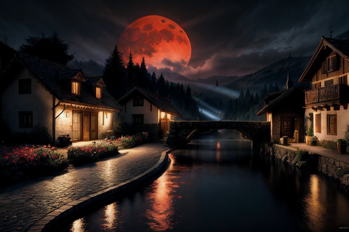 the hobbit, tolkien, massive red moon in the background, a medieval village in switzerland with river and pool, ornate, beautiful, atmosphere, vibe, flowers, concept art illustration, greg rutowski, volumetric lighting, sunbeams, particles, , oversaturate, intricate, volumetric lighting, beautiful, rich deep colors masterpiece, sharp focus, perfect composition, intricate detailed octane render perfect composition, beautiful detailed intricate insanely detailed,wallpaper , 8k , cinematic perfect light, chiaroscuro, masterpiece ,