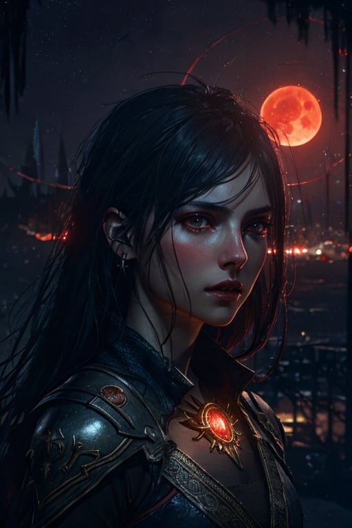 fantasy world with red moon, reddish atmosphere,  city background ((dark background:1.2)),((night view:1)),((light bokeh)),detailed, sharp focus, photo by greg rutkowski, soft lighting, (masterpiece), (detailed face:1.2),highly detailed,best quality,16k,