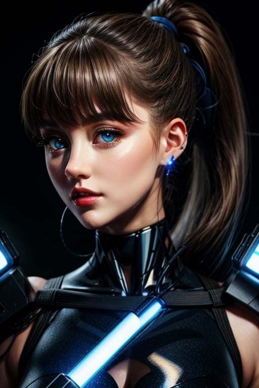 Full body cyber girl with a ponytail. Ariana Grande's face. Bright white color to show she's a cyber girl whit laser rifle. white eyebrows. clothing like catsuit. She also has bright blue eyes. The environment is terminator like. Hair is platina. She is lit with the bright blue color on one side of her face. Led like.  And both hands have the led light too.