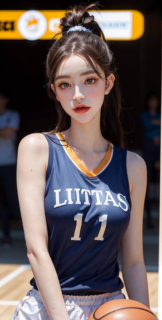 8k, Best Quality, Masterpiece: 1.2), (Realistic, Photorealistic: 1.37), Super Detailed, Best Quality, Super High Resolution, Professional Lighting, Photon Mapping, Radiosity, Physically Based Rendering, Cinematic Lighting , basketball court, depth of field, focus, sun rays, good composition, (bokeh: 1.2), 1 girl, (whole body), (closed mouth), beautiful eyes, pose, constriction, basketball uniform, black hair , messy hair, long hair blowing in the wind,(ulzzang-6500:1.2) mix4, hiqcgbody, large breasts, a littel sexy orange outfits
