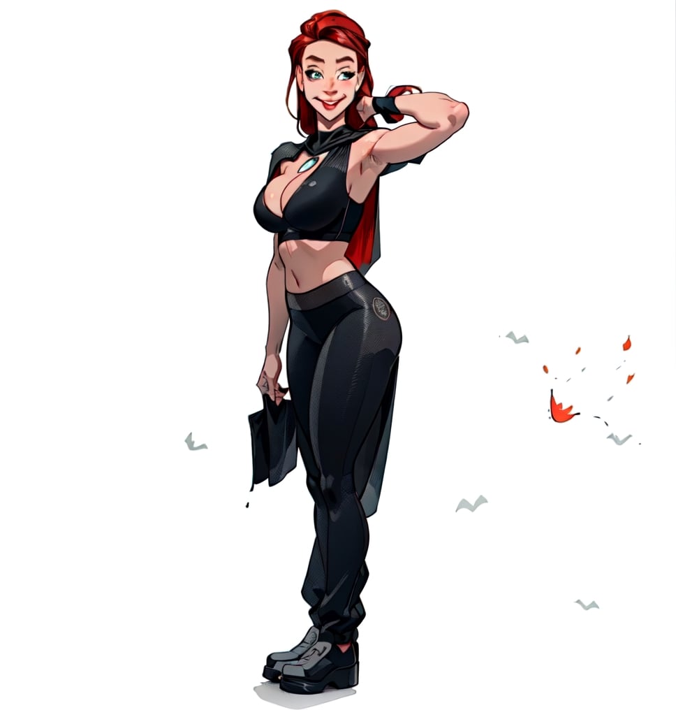 Sexy girl, sensual pose, pale skin, big boobs, huge boobs, bursting breast, big eyes, red hair, big boobs sticking out of the top, , mischievous and winking smile, bright color illustration, 2D, cartoon style, SAM YANG, Balsamique, SAM YANG,SAM YANG,Atom Eve, cape,costume