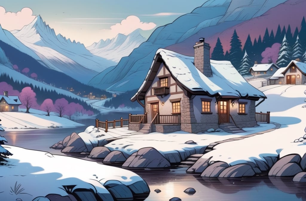 Mountain cottage in snowy landscape, disney style, illustration style,chica anime 