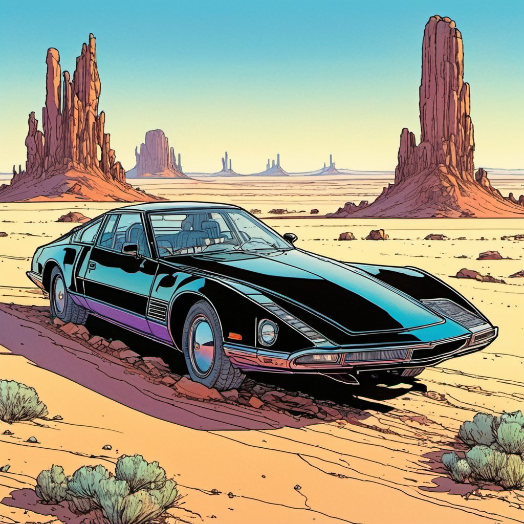  a black chrome car in the middle of the desert, Jean Giraud ((Moebius style)), line ink illustration, highly detailed, ink sketch,ink Draw,Comic Book-Style 2d,2d, pastel colors,intricate masterpiece, 