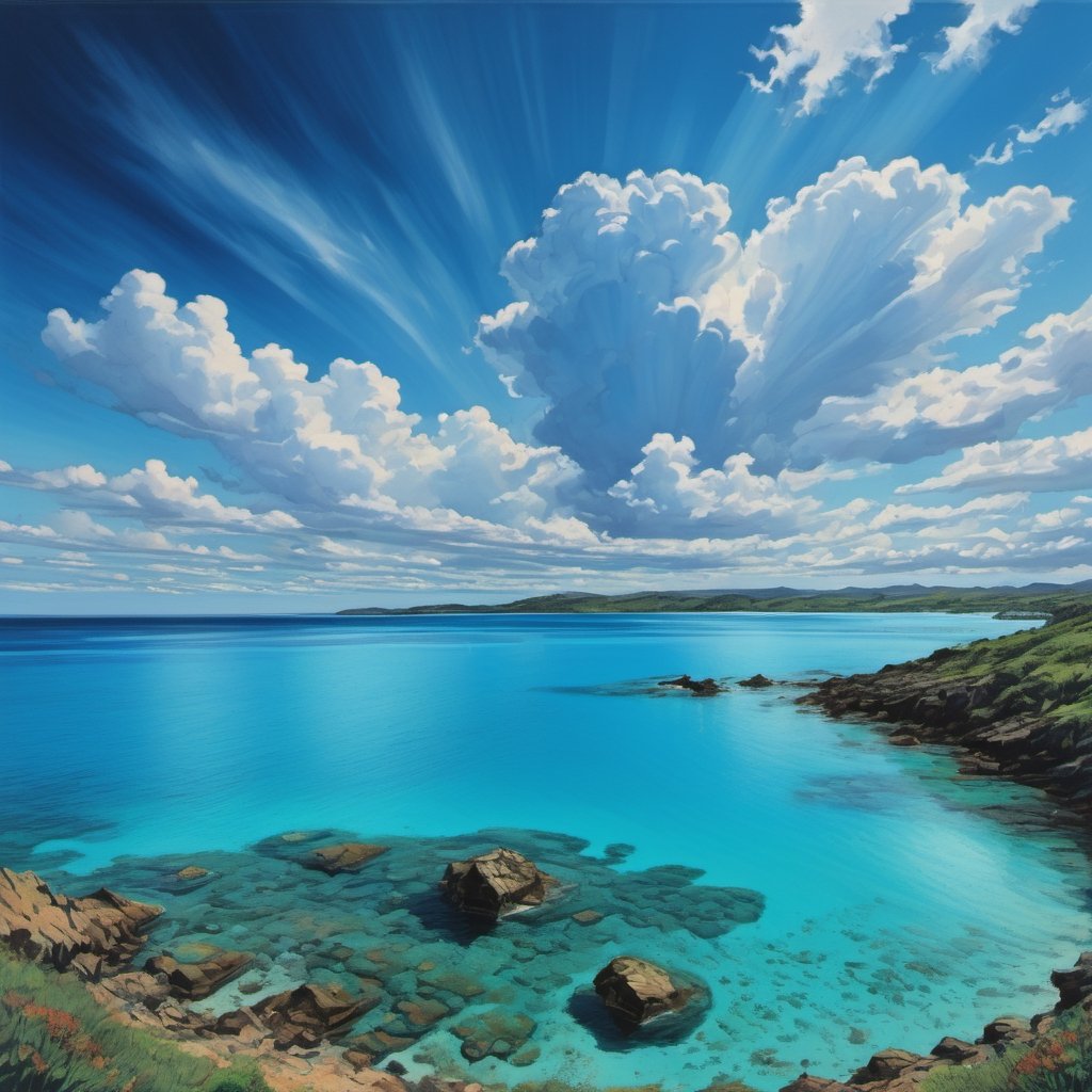 clear blue water, dramatic sky,