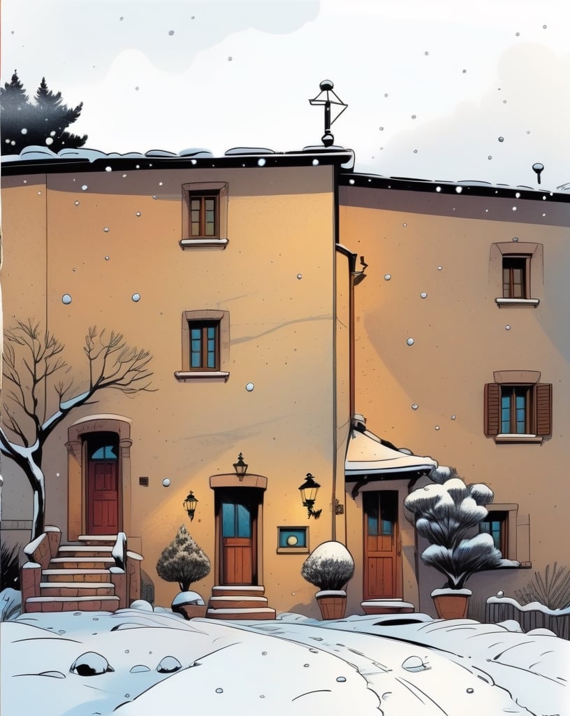 casa con la neve, comic style, 2d, disney style, illustration style, comic book, ink drawing