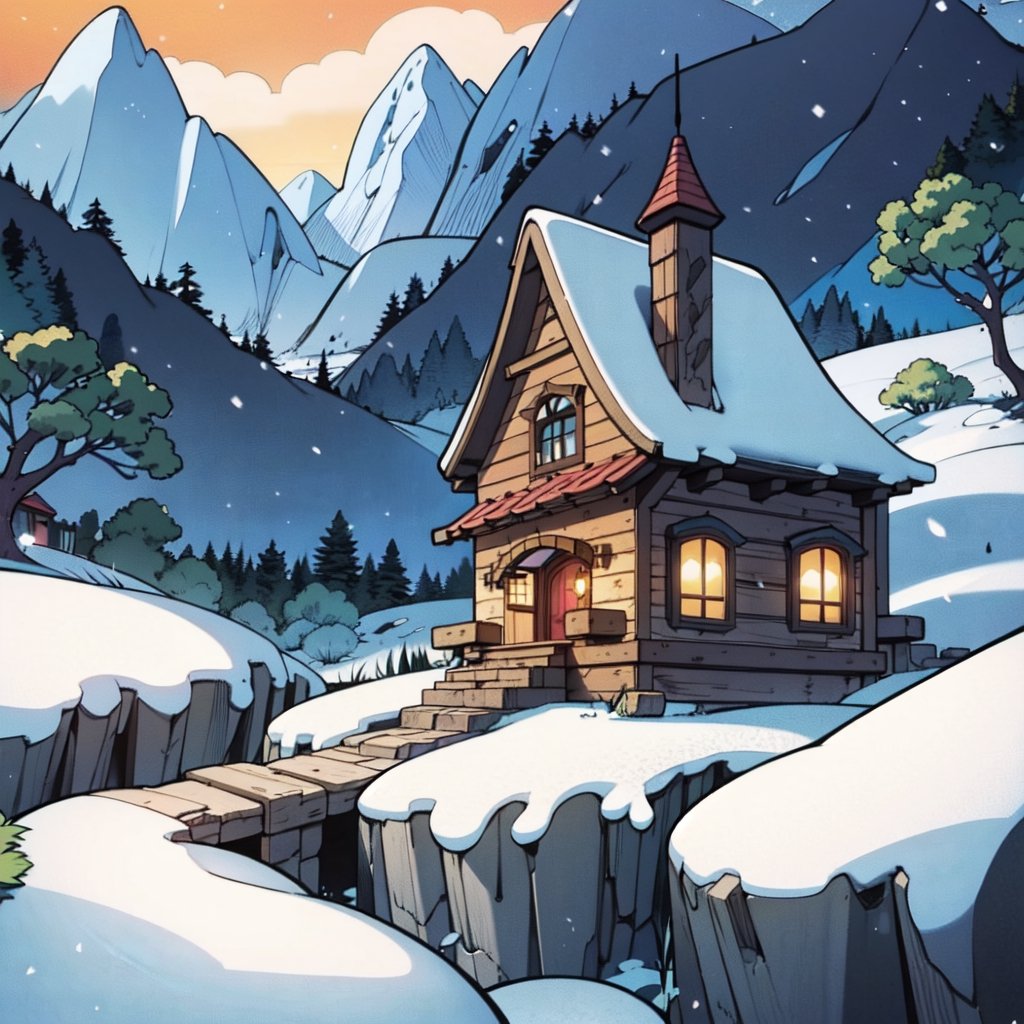 Mountain cottage in snowy landscape, disney style, illustration style