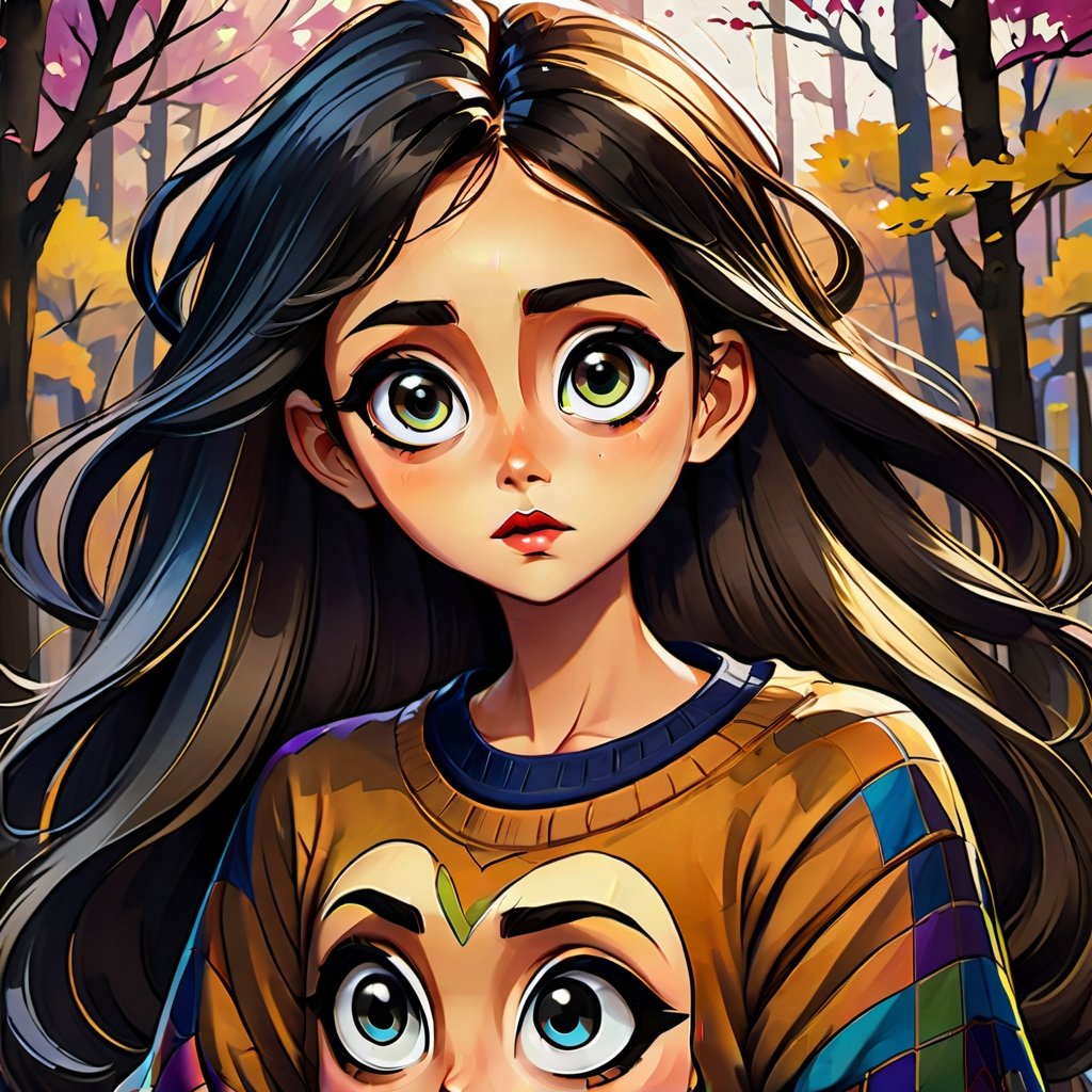 ragazza ventenne disegna su un foglio, capelli neri corti, big eyes, indossa maglione a quadri, maniche lunghe fino alle dita, Cartoon style, marker colors, oil painting, acrylic paint, oil paint, bright colors,