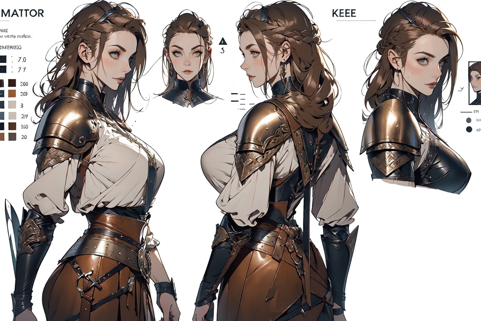 warrior woman, multiple views, character sheet style, front and back view, perfect hips, perfect breast, beautifull face, focus, intrincated leather armor, viking style armor, leather and Steel armor, light brown hair colors, random hair style