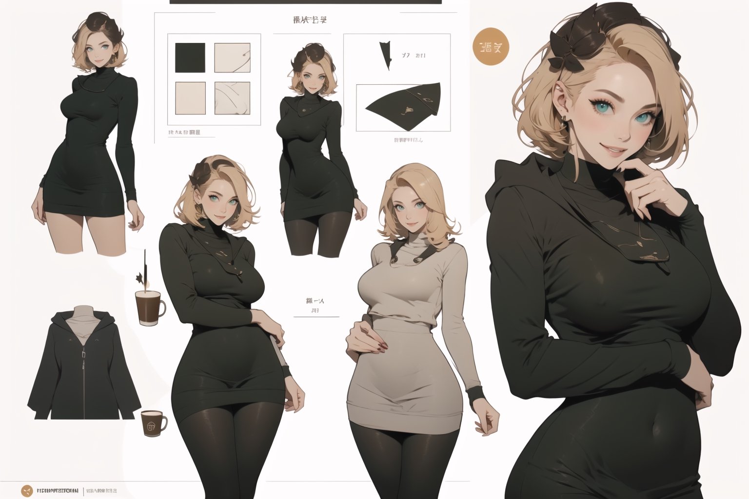 beautifull  woman, milf, various pose,(  blondie hair) color , (( mature woman), adult ilustration), beautifull face, character sheet ilustration, coffe shop background, brown light background, green eyes, smiling, turtle neck,  random hair style, random hair cut, perfect breast, concept art, perfect hips, rounded hips, balanced body, various poses, mini dress,  focus expressions, long hood cover,  sexy neckline, tight shirt