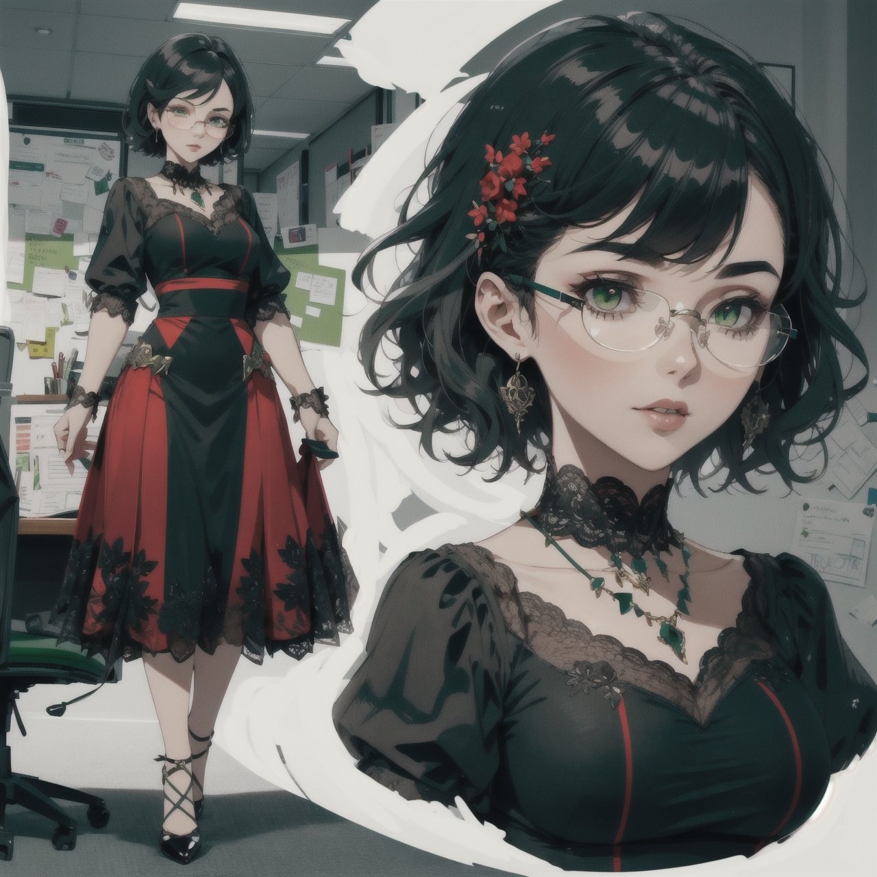 character sheet of a beautifull adult woman, inteligent look, only head sheet, fine line, green eyes, glases,  various views, perfect anatomy, perfect breast, short hair, red and black, office outfit