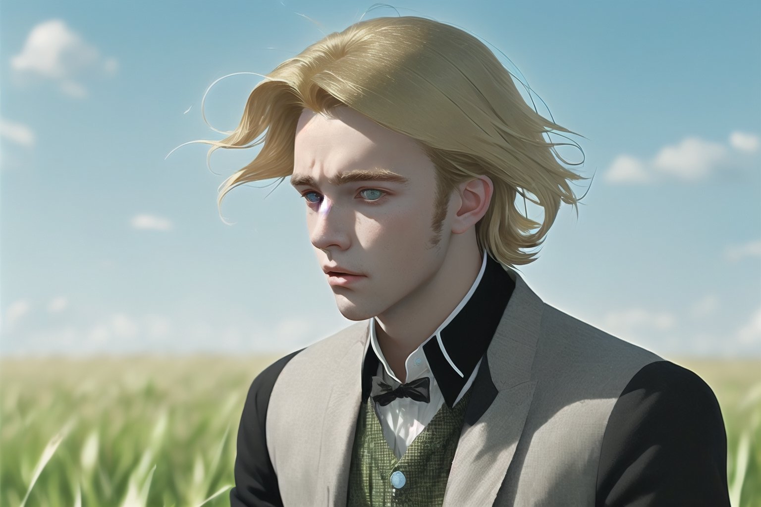 man 20  years old blonde messy hair 
 in an open field early 20 century fashions