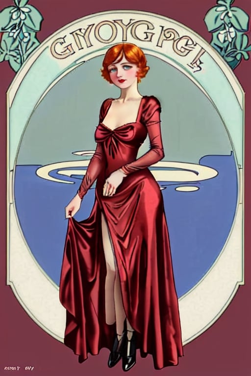 Ginger young woman in a red dress art nouveau dress, early 2 0 th century, 1 9 2 0 s, 1920s, 1 9 1 0 s, 1910s, 1 9 2 0's, soft silk dress, art nouveau fashion,red dress,Ginger