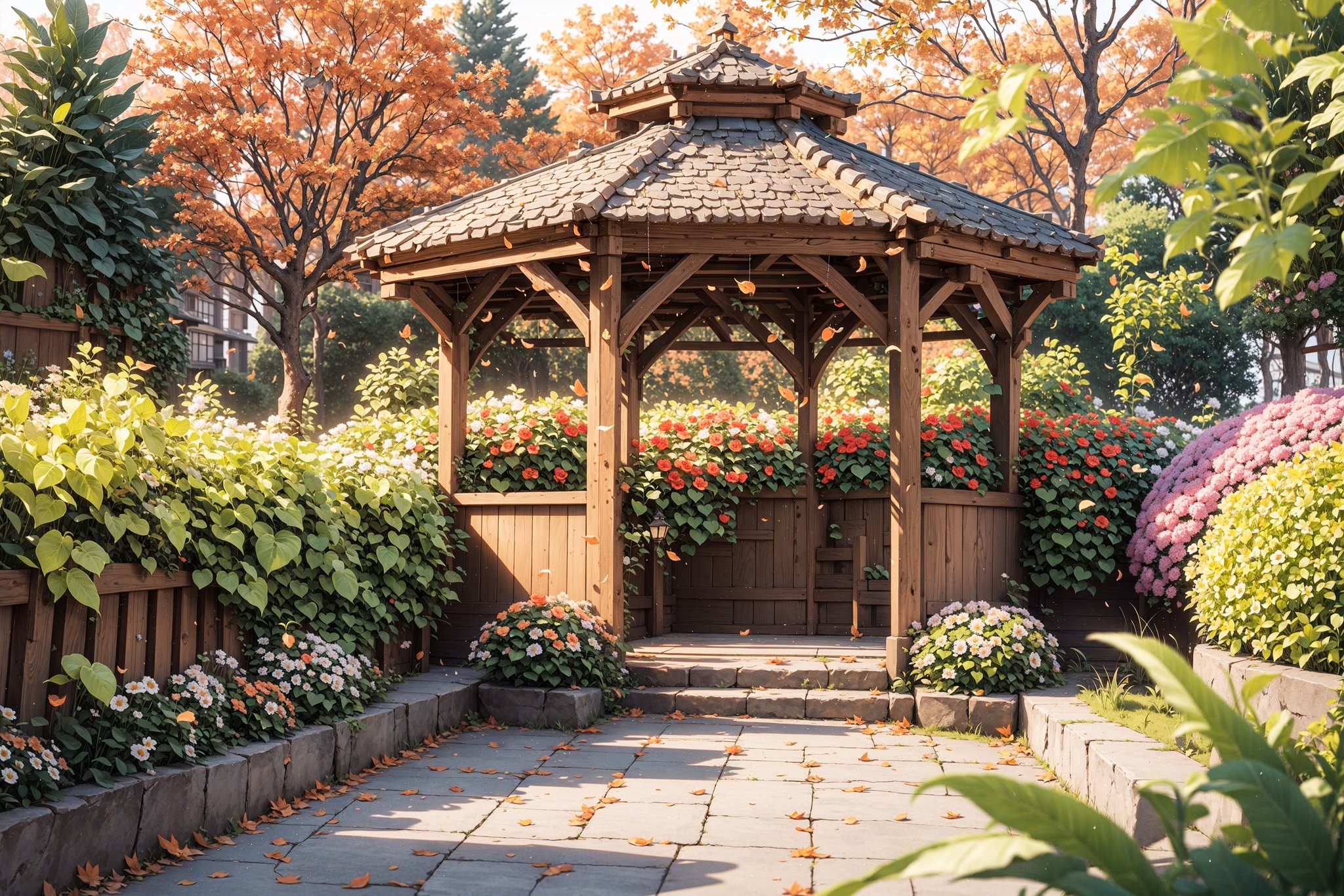 3d,Create a captivating fall garden with pathways covered in fallen leaves, vibrant flowers, and a gazebo surrounded by hanging vines and the sound of chirping birds, 