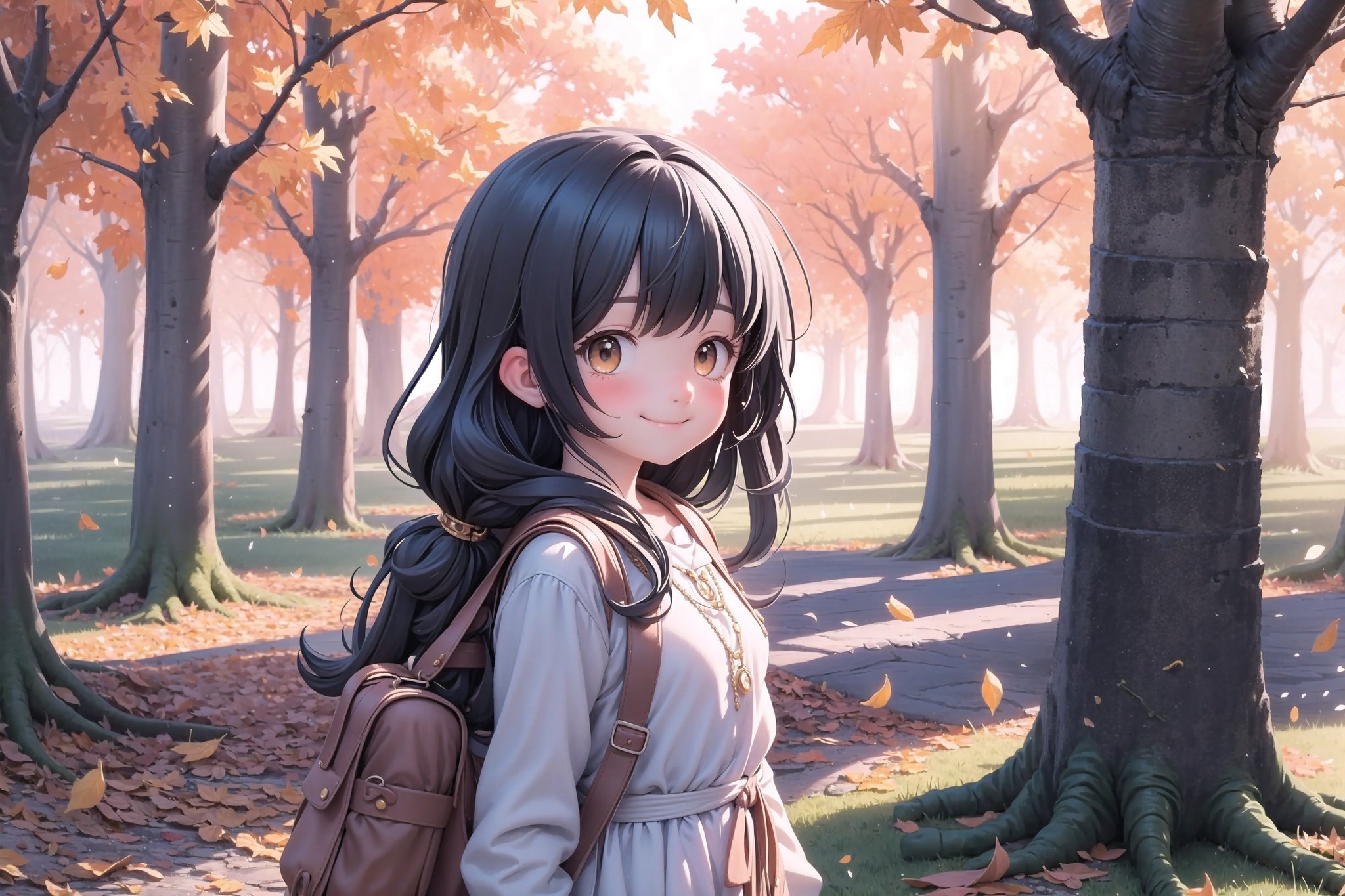 (masterpiece), scenery, sunlight, light rays, light particles, 1girl, petite, smile, looking at viewer, sundress, watercolor,1girl, solo, flower, long hair,  upper body, looking at viewer, half body,Generate a beautiful image of the autumn season with vibrant, warm-colored leaves falling from the trees. Capture the serene atmosphere of crisp air and the earthy scent of fallen leaves. Showcase the beauty of nature's transition as the trees change their hues to shades of orange, red, and gold.happy,smile,