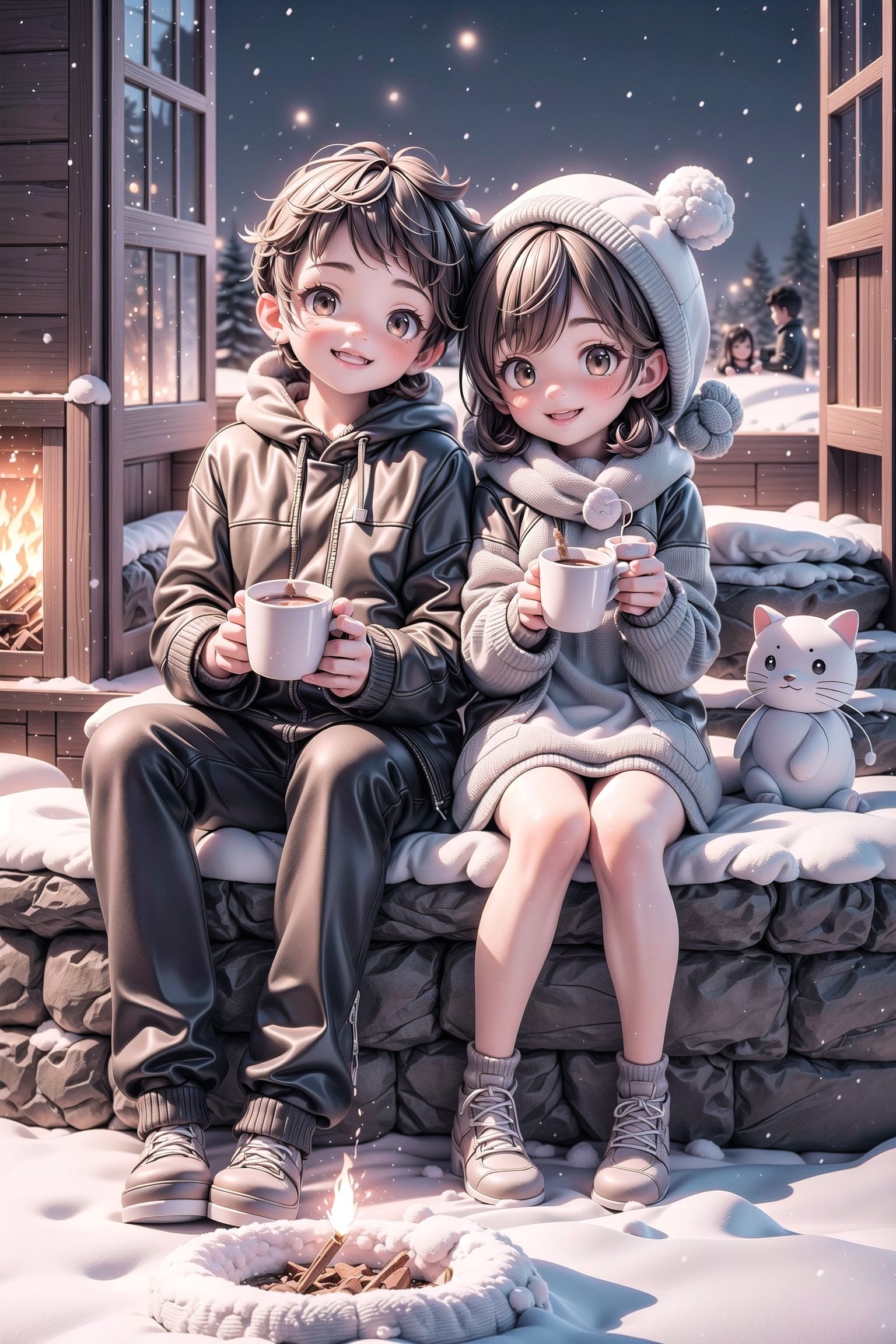 3d,1boy and 1girl, brown eyes,brown hair,korean,Create a cozy image of two kids sitting by a fireplace, sipping hot cocoa, and watching the fireworks through a window, with snow falling gently outside, happy, smiling, eye contact viewer,