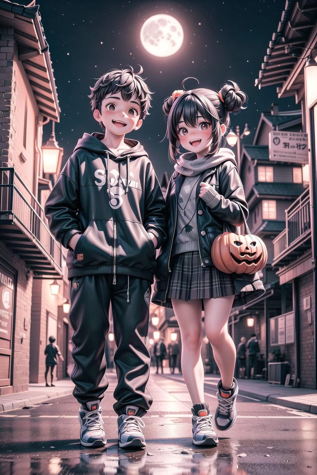 3d,1boy and 1girl, brown eyes,brown hair,korean,Create a mischievous image of two kids playing pranks on Halloween night, with a full moon casting eerie shadows on the deserted streets, happy, smiling, eye contact viewer,