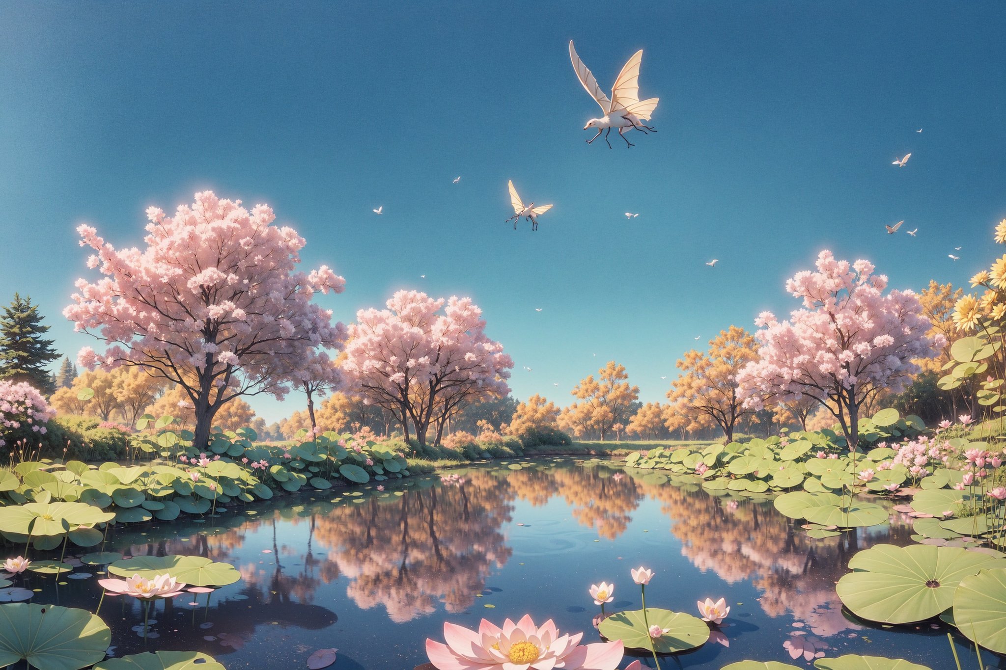 3d,Generate a peaceful autumn background with a pond reflecting the azure sky, lily pads, and dragonflies hovering, surrounded by vibrant flowers, 