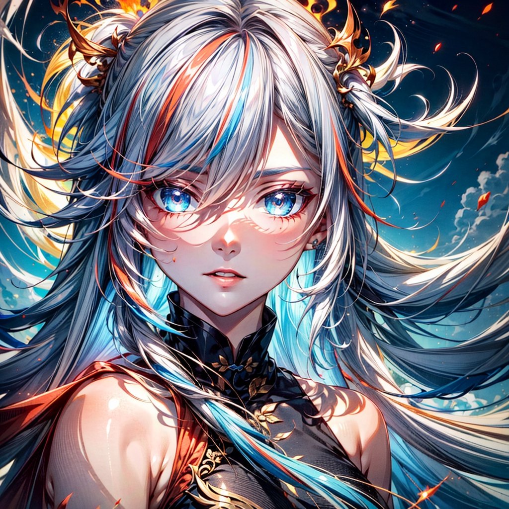 fu hua\bengluofu hua\bengluowhite_hair, blue_eyes, streaked_hair, fu hua, cyan_hair, blue_hair, ice, fiery_hair, hair_between_eyes, multicolored_hair, fu hua\bengluo, fiery_wing,r1ge