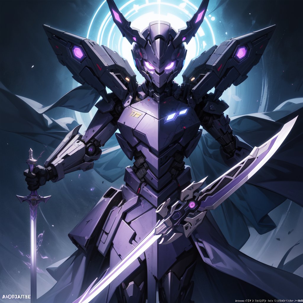 
a maiden in a purple dress holding a sword, a detailed ,official art, radioactive, anime aesthetic,purple lighting on background,looking at viewer, upper body, from below, looking back,r1ge,mecha,no_humans