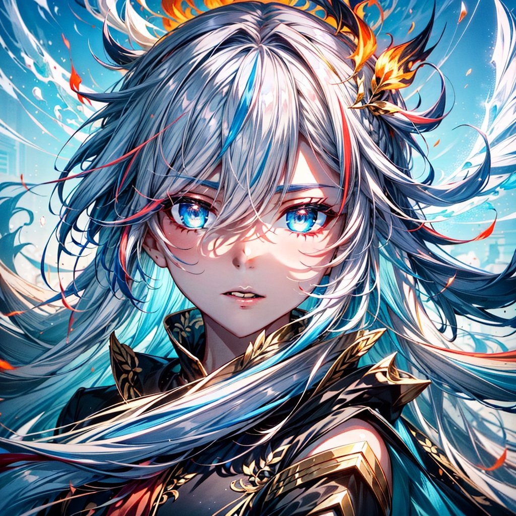 fu hua\bengluofu hua\bengluowhite_hair, blue_eyes, streaked_hair, fu hua, cyan_hair, blue_hair, ice,,hair_between_eyes, multicolored_hair, fu hua\bengluo, fiery_wing,r1ge