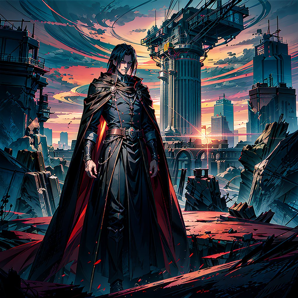 a man in a cape standing in front of a sunset, concept art by Constant, deviantart, rayonism, official art, anime, dark and mysterious,r1ge, asthethic,no_humans