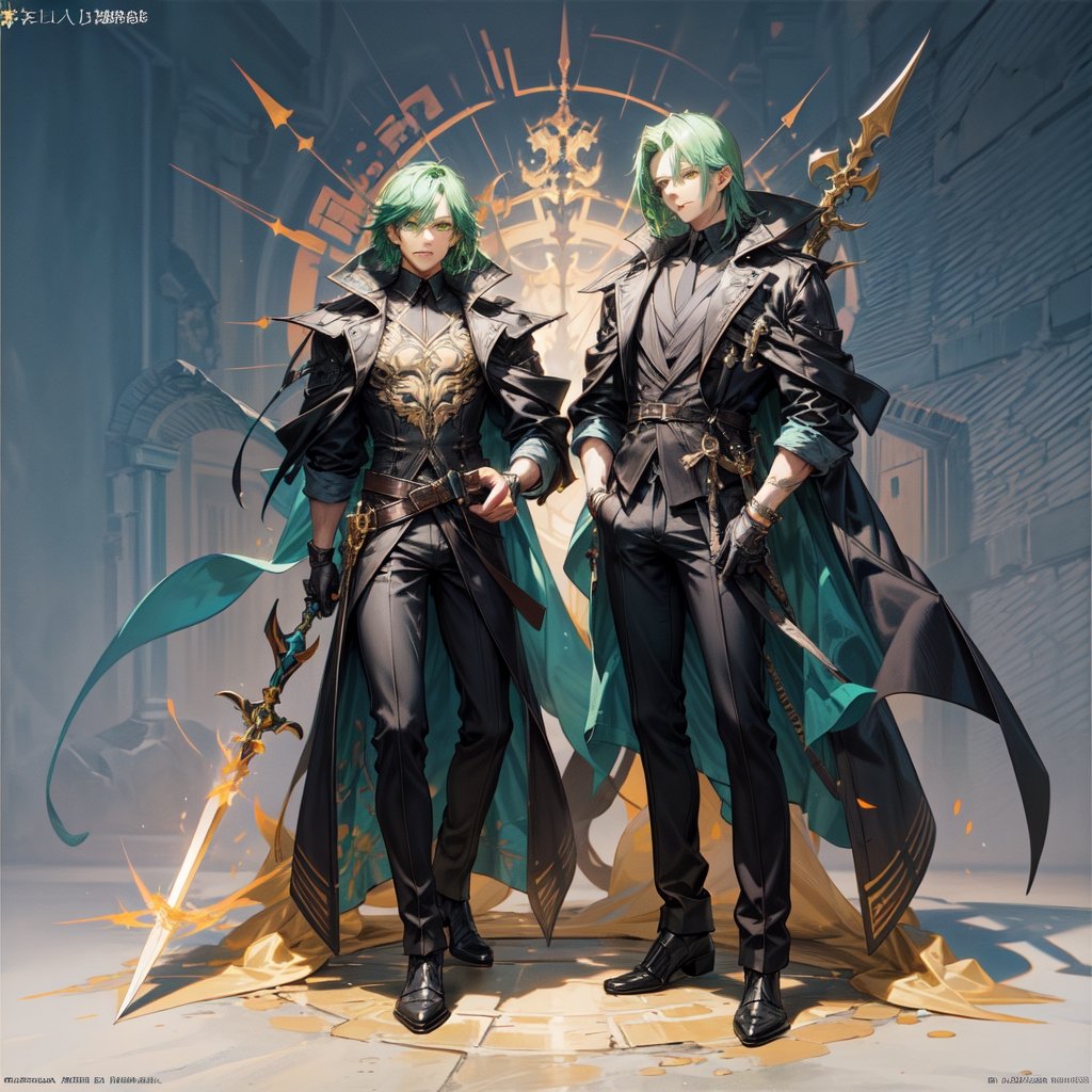 
a man with green hair, concept art, auto-destructive art, official art,hellis,holding golden dagger,full body shot,no_humans