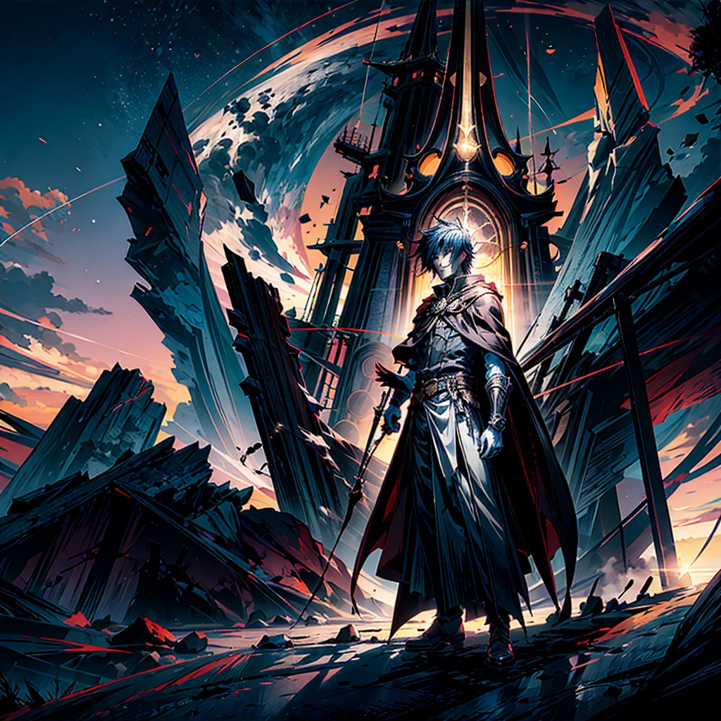 a man in a cape standing in front of a sunset, concept art by Constant, deviantart, rayonism, official art, anime, dark and mysterious,r1ge,asthethic