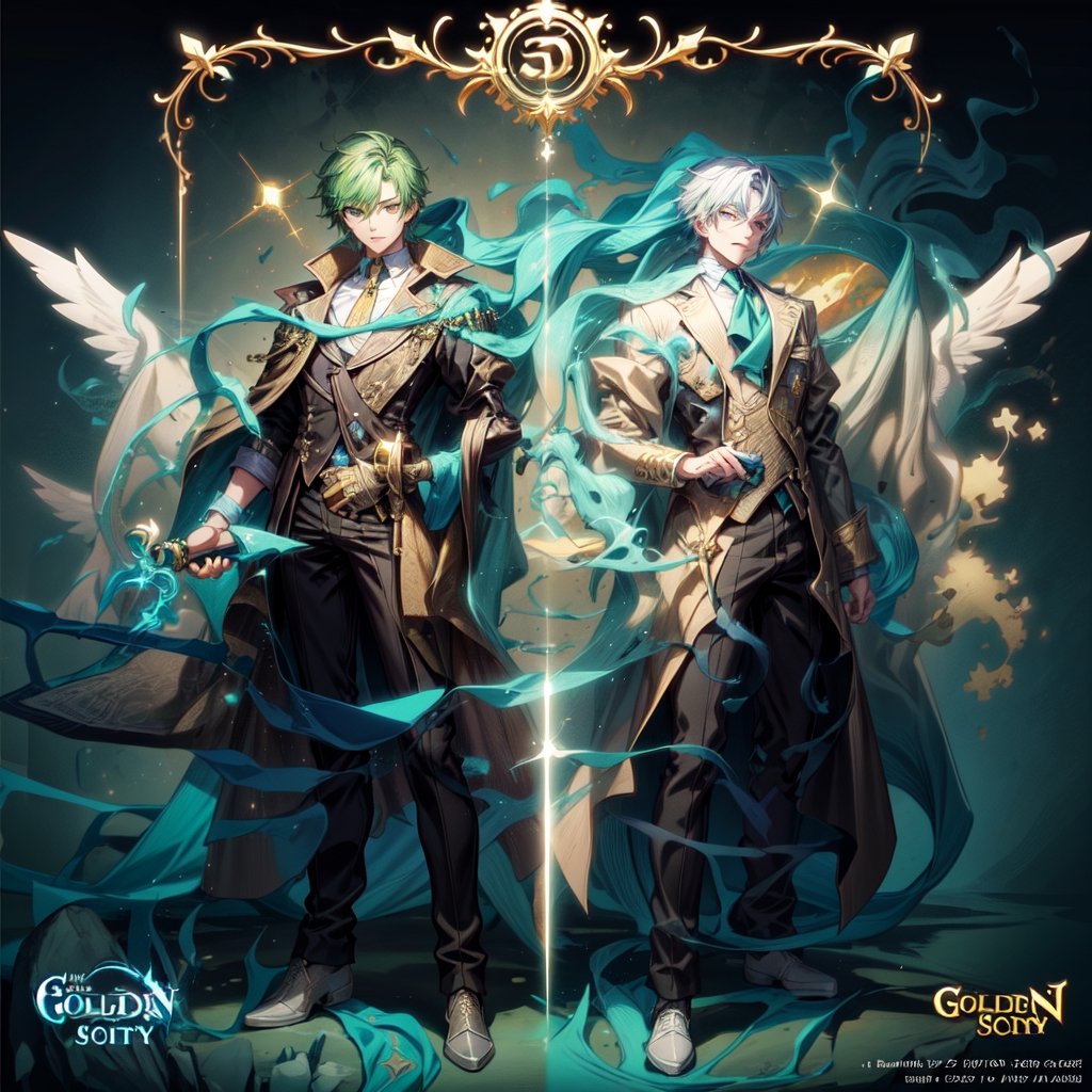 
a man with green hair, concept art , cg society, auto-destructive art, official art,hellis,holding golden dagger,full body shot